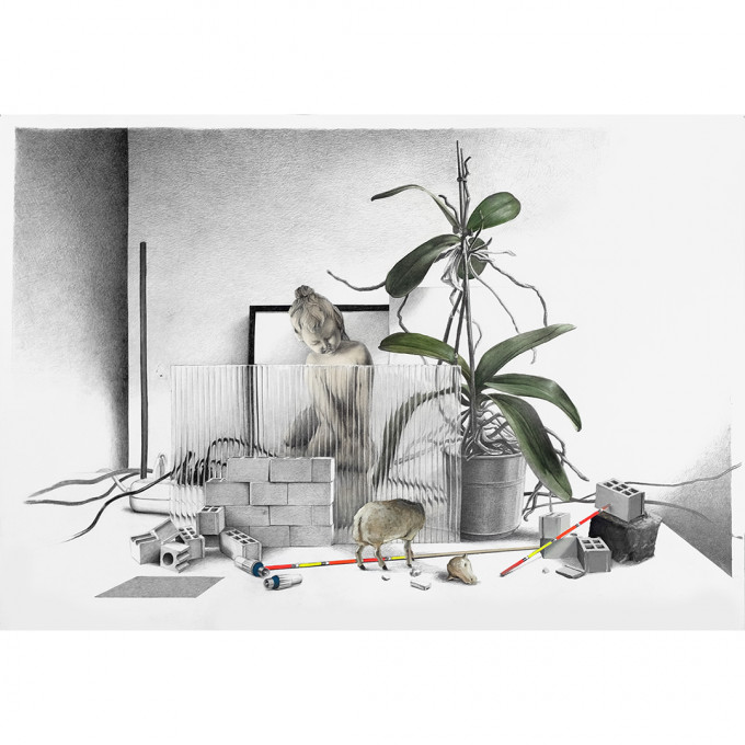 Nature_morte_1080-1080-web Nature morte avec un mouton qui a perdu la tête, 2021, graphite et gouache sur papier, 60x45cm. Coll. Artothèque d'Annecy.