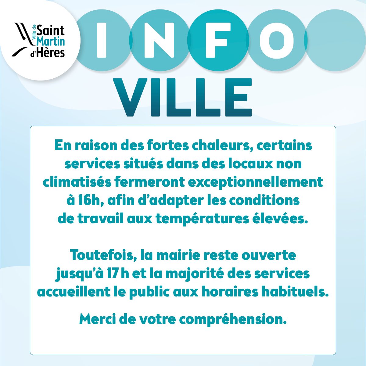 26-1299_1080x1080_Carre web_Info Ville_horaires canicule_CN (1) Modification horaires mairie canicule